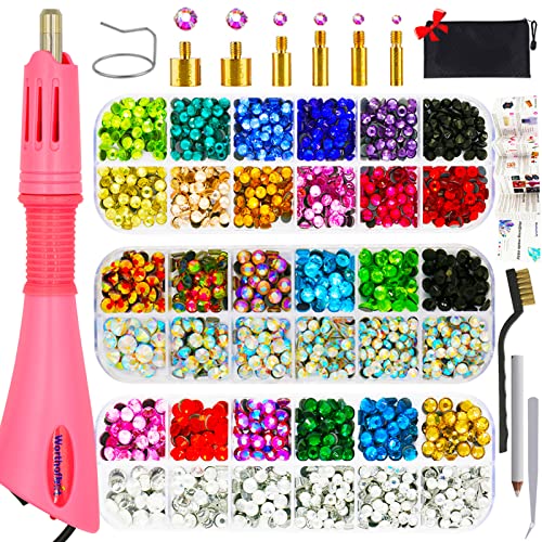 Worthofbest Hotfix Rhinestone Setter, Applicator Toolkit, Hot Fixed Wand Bedazzler Kit, 4080Pcs, Ab Crystal, Clear, 14 Colors, 7 Tips, 4 Gems Sizes, Tweezers, , Jewel Picker, Trays, Zip Bag #TOP5