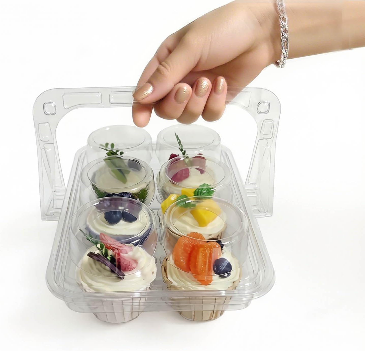 50 Pack of 6 count cupcake containers， 6-Chamber Handheld Transparent Muffin Container, Disposable Plastic Cupcake Container With Lid, Cake Rack