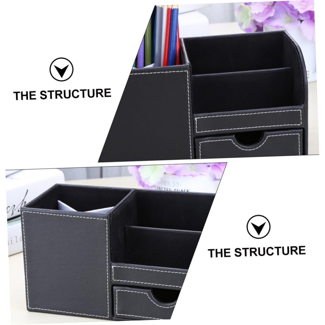 2 Piezas Organizador de Escritorio Multifuncional de PU Negro Soporte para Papelería de Oficina Caja de Almacenamiento para y Dormitorio Diseño y Duradero