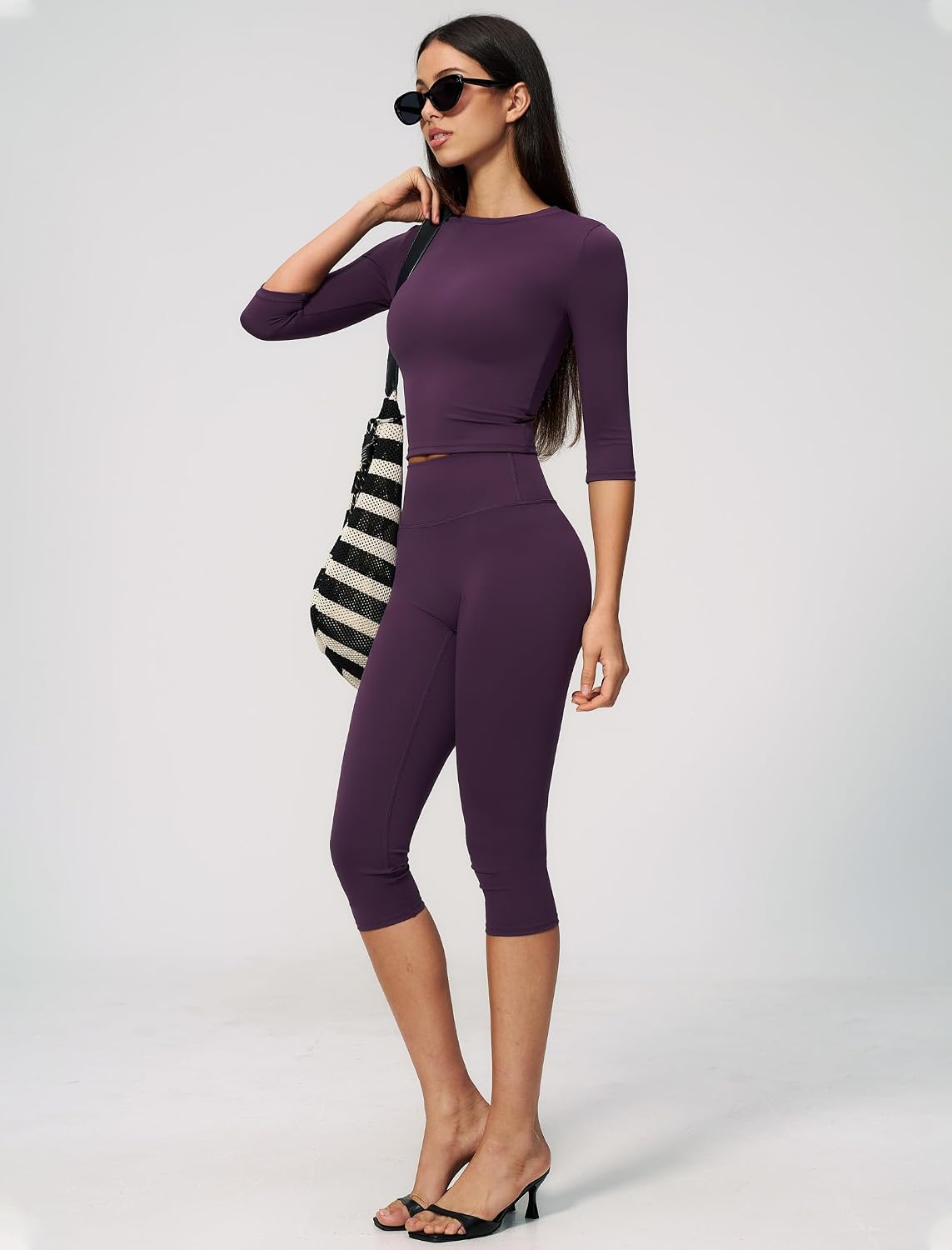 QBGJTD Womens Workout Sets Two Piece 3/4 Sleeve Tops Matching Wide Leg Capri Pants Gym Work Pilates Outfits