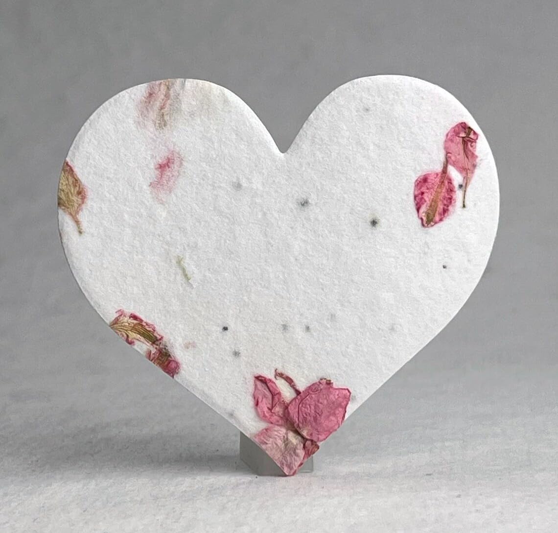 Of The Earth Papier fait à la main – Grandes étiquettes en papier de graines de fleurs sauvages en forme de cœur – Enveloppe Glassine et guides de plantation inclus – Lot de 48 (24 pétales roses)
