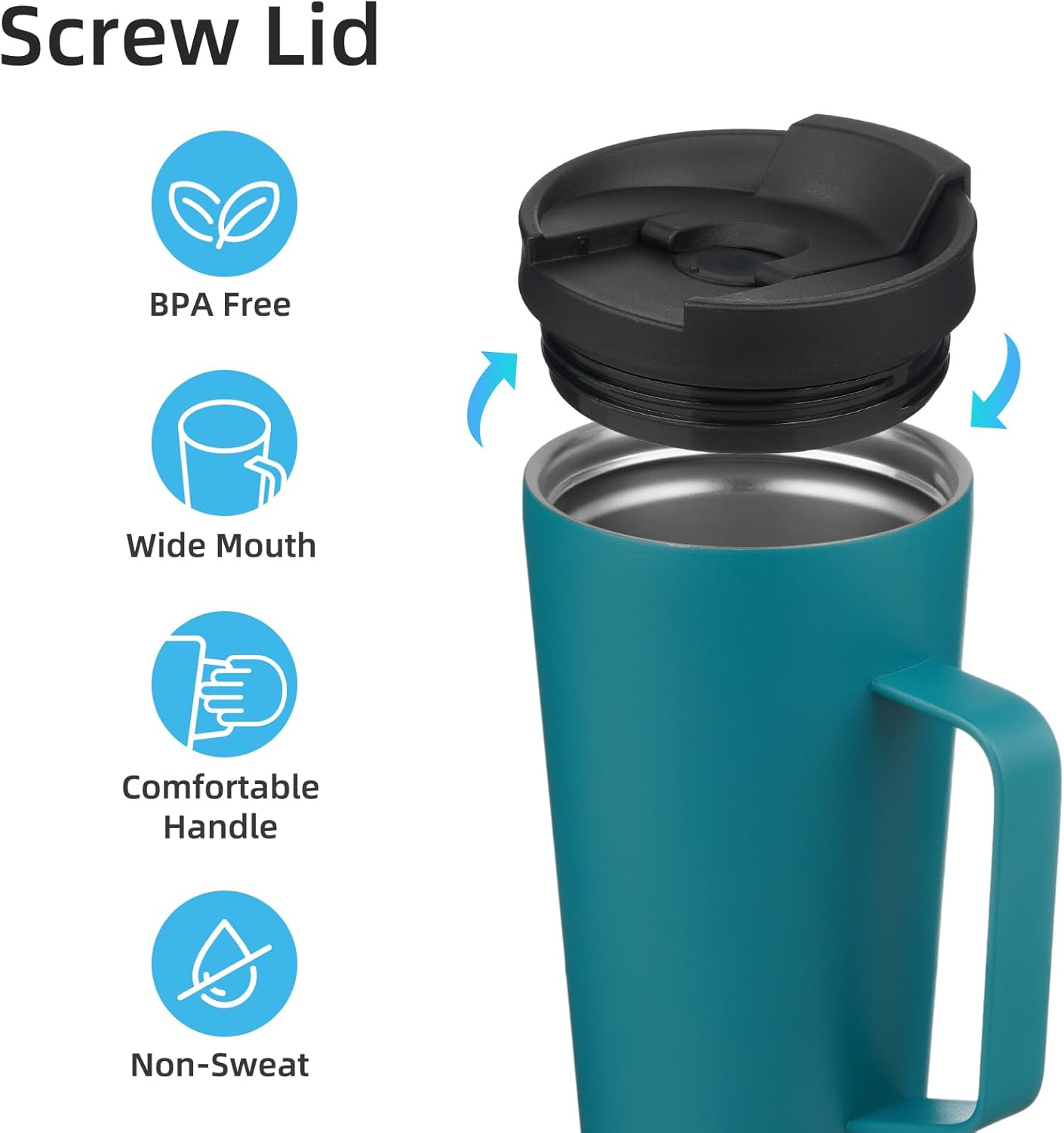 Insulated Tumbler with Handle and Straw, 22 OZ Travel Coffee Mug Stainless Steel Cup Metal Water Bottle,Blue - Image 3
