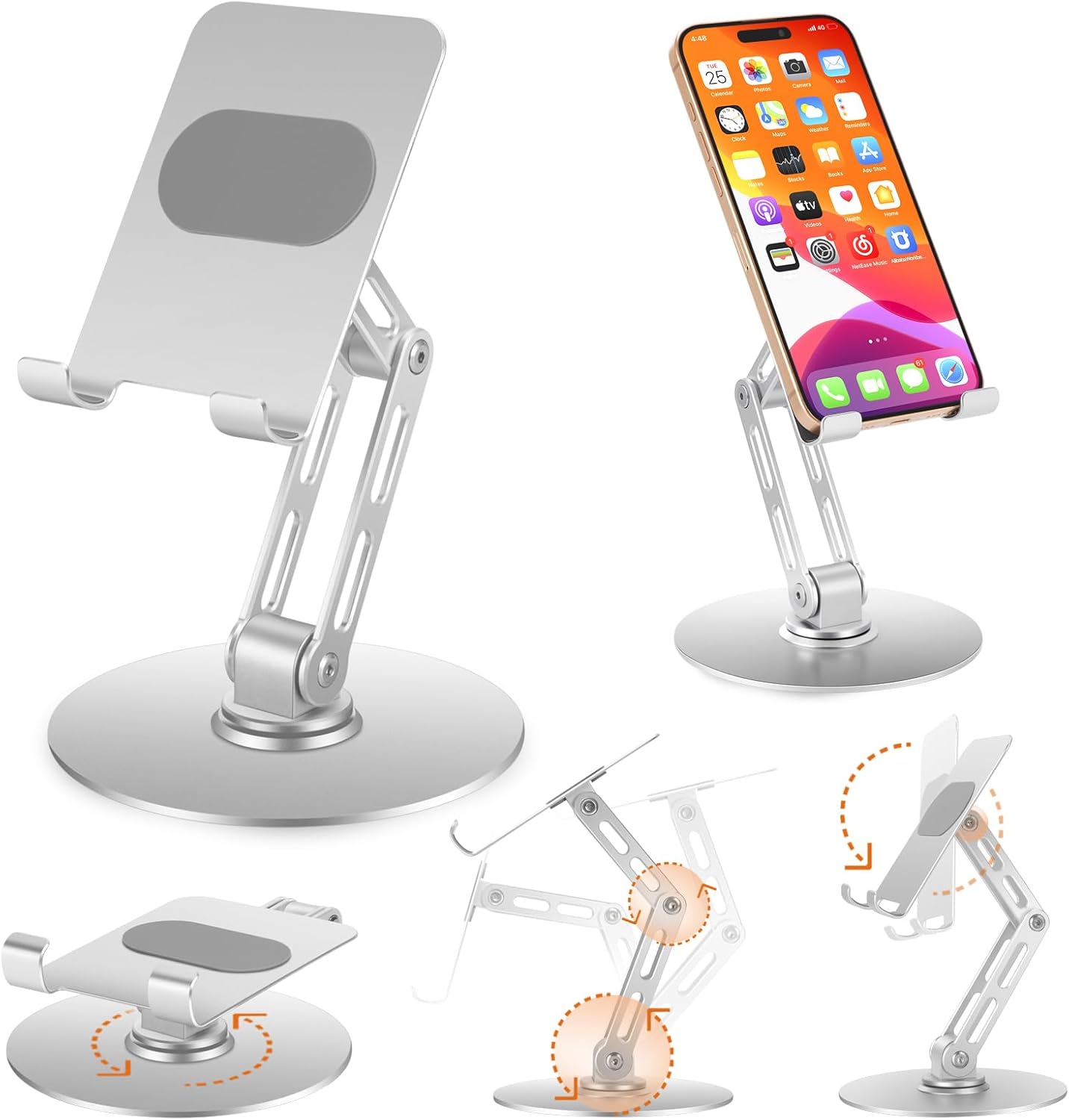 Foldable Desktop Cellphone Stand for Desk with Adjustable Peak as much as 6.7inch/17cm Sturdy 360° Rotating Desktop Holder for 4-11 Inch Cell Telephones/Tablets, Aluminum Alloy/Carbon Metal Base