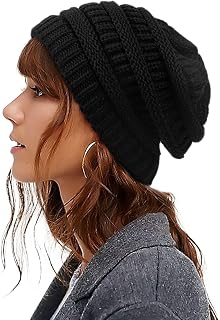 Womens Satin Lined Winter Hats Cable Knit Beanie Silk Lined Thick Chunky Cap Soft Slouchy Warm Hat for Men