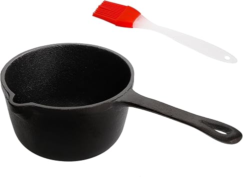 Cedilis 1 Quart/ 32 Ounce Cast Iron Basting Pot with with Silicone Brush, Heavy Duty Construction Sauce Pot with Handle for Grilling and Oven, Black