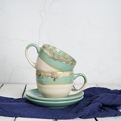 Miniatura 6 de Bosmarlin Juego de 2 tazas y platillo de cerámica para capuchino, 10 onzas, tazas de café para café con leche, expreso, té, lavavajillas y