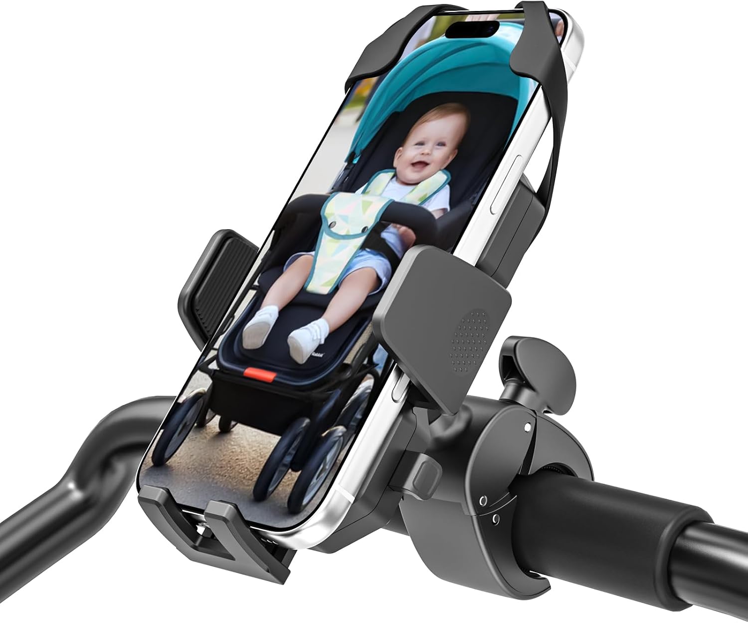 Stroller Phone Holder, [Ideal for Stroller Walk] [Secure Strap Protection] Phone Clamp Mount for Push Tricycle, 360° Adjustable Handle Bar Cellphone Clip for iPhone, Galaxy, All 4-7" Smartphone