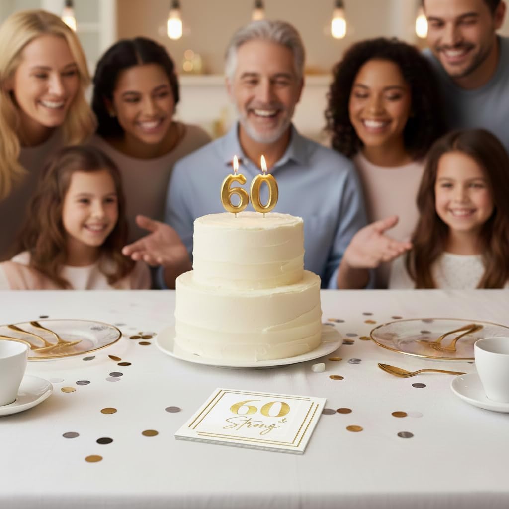 60th Birthday Cocktail Napkins, Gold 60 Years Old Bday Party Decorations, "60 & Strong" Disposable Paper Napkin Decor for Men & Women, Milestone Anniversary Celebration, Fabulous Gift Ideas, 50 Pack
