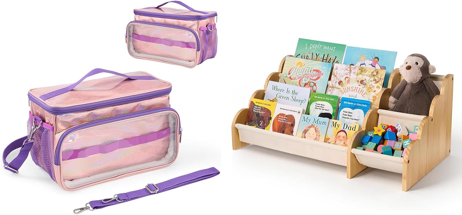 Hautton Carrying Case for Toniebox 2/1 Audio Player Bundle with Puricon 4-Tier Kids Bookshelf with Storage