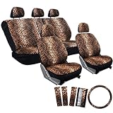 OxGord 17pc Set Leopard Animal Print Auto Seat Covers Set - Front Low Back Buckets - Rear Split Bench - Lion Orange