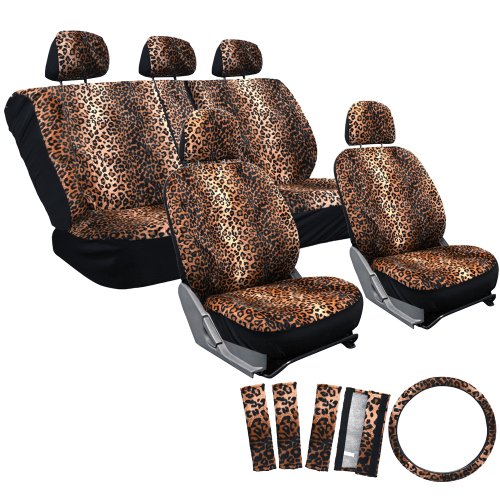 OxGord Leopard Animal Print Flat-Cloth Car Seat Covers Set for Jeep, Truck, Minivan, Sedan - Front, Back Buckets, Steering Wheel, Seat Belt - Rear Split Bench - 17pc, Beige