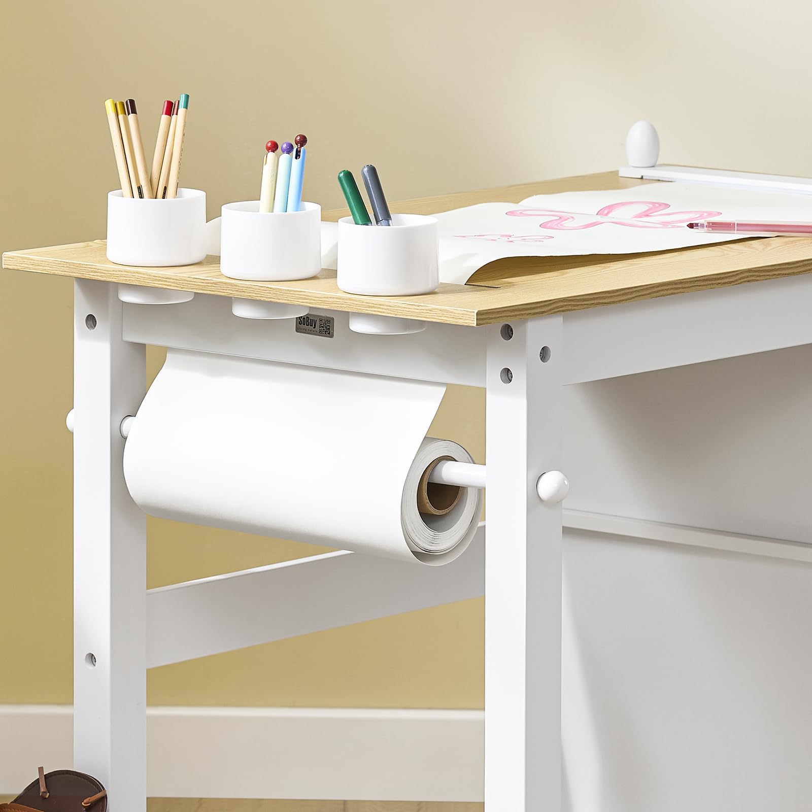 SoBuy Kindertisch mit 1 Stuhl, Kindersitzgruppe mit 1 Papierrollenhalter, Kinder Tisch Stuhl Set, Spieltisch und Maltisch für Kinderzimmer, Maltisch für Kinder, Weiß und Natur 80x66x50 cm KMB60-WN