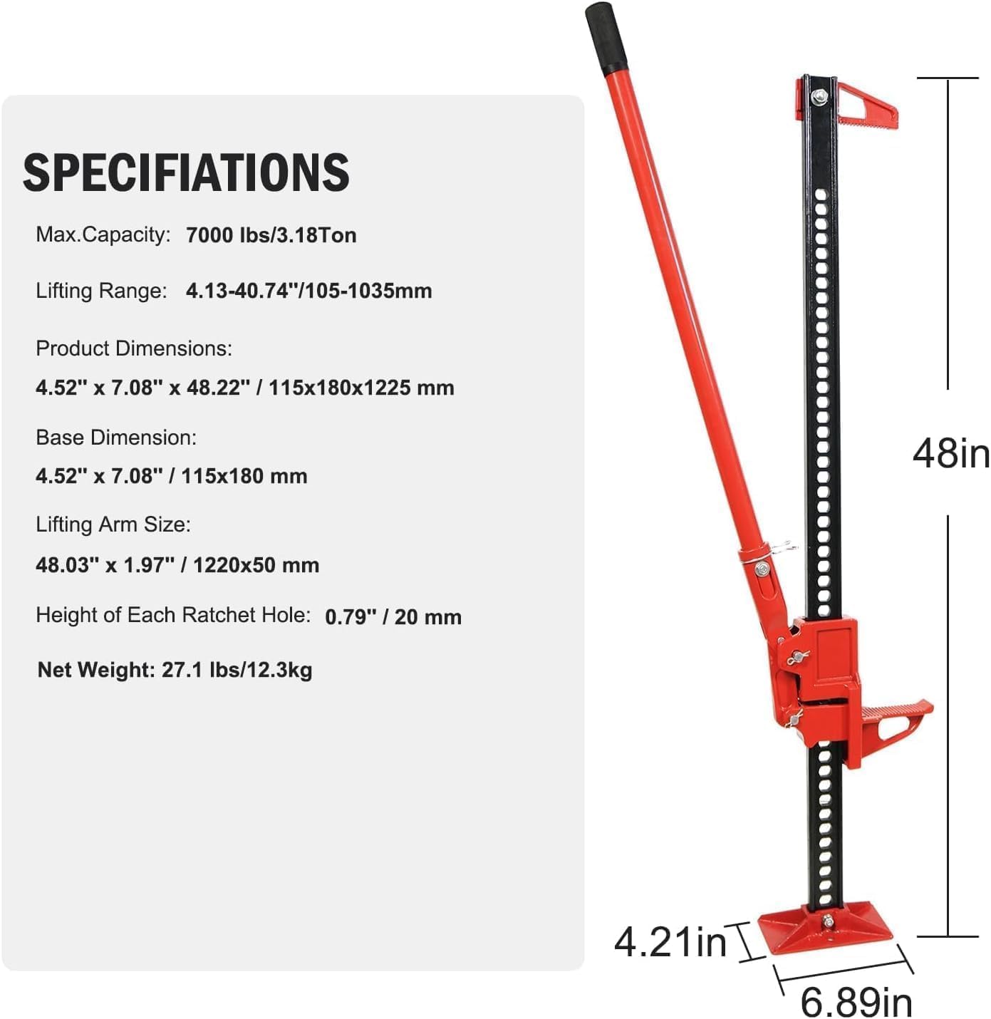 48" Ratcheting Off Road Utility Jacks,7000 LBS High Lift Farm Jack, Heavy-Duty Farm Jack Bumper Jacks for Tractor, Truck