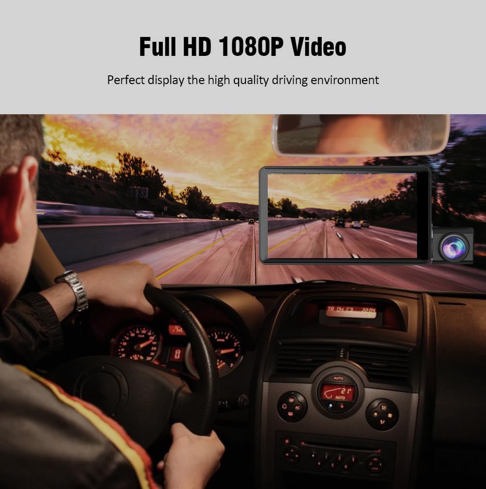 Dash cam installed in a car, showing the view from the driver's perspective