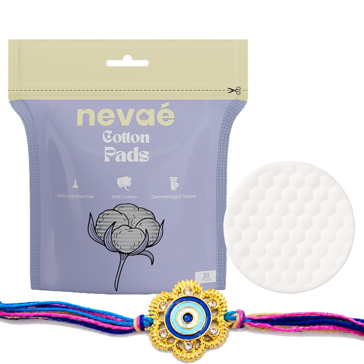 Nevae Cotton Pads 20 Pcs with Premium Golden Evil Eye Rakhi Set for Brother | Soft & Skin-Friendly | Highly Absorbent | Lint-Free | Makeup Remover & Toner Use | rakhi set for brother-picture-24