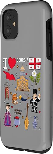 Miniatura 2 de iPhone 11 Me encanta Georgia. Dibujado a mano georgiano monumentos, bandera y mapa caso
