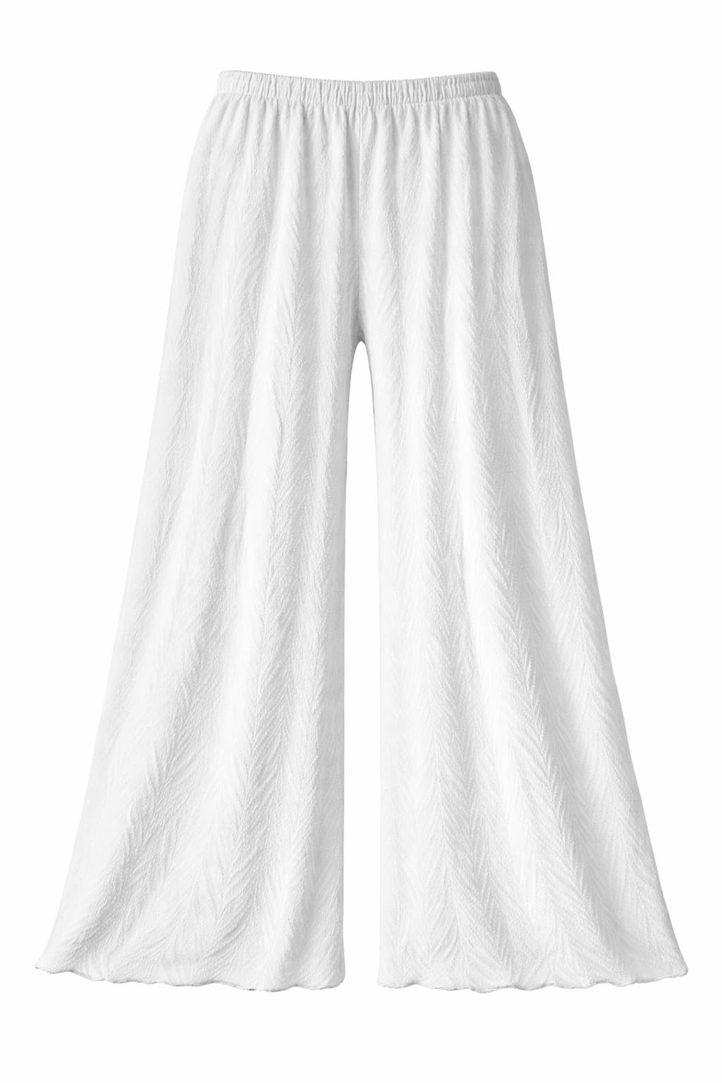 Women's Wide Leg Palazzo Pants, White, Elastic Waist, Textured Fabric, Flared Scallop Hem, Design Pant-picture-26