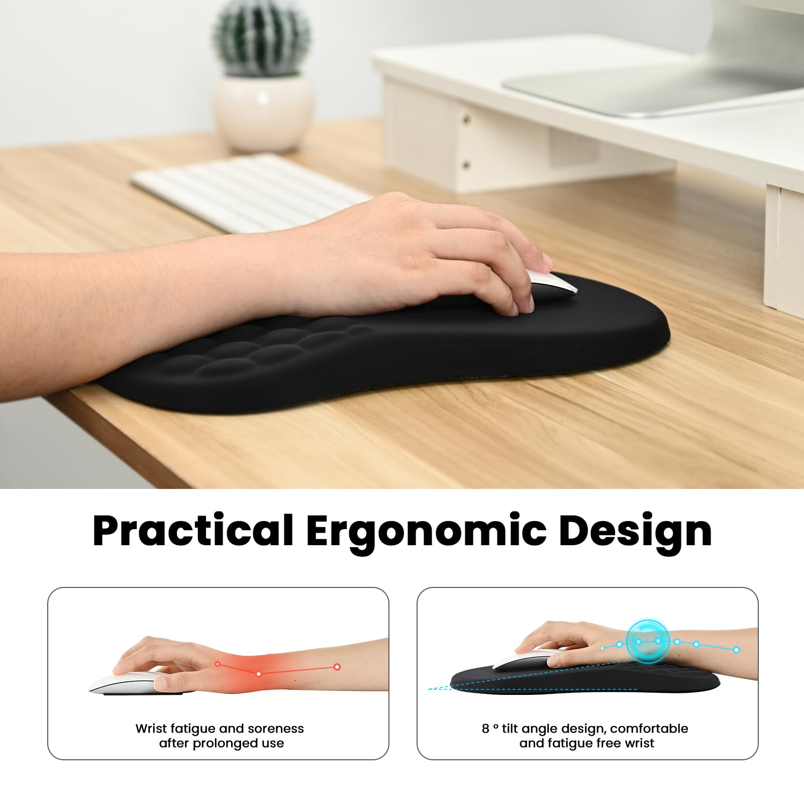 EooCoo Mouse Mat Wrist Support with Massage Design, Gaming Mouse Pad, Ergonomic Wrist Rest Pain Relief Mousepad with Smooth Lycra Surface & Non-Slip PU Base, Home Office PC Desk Accessories, Black — view 4
