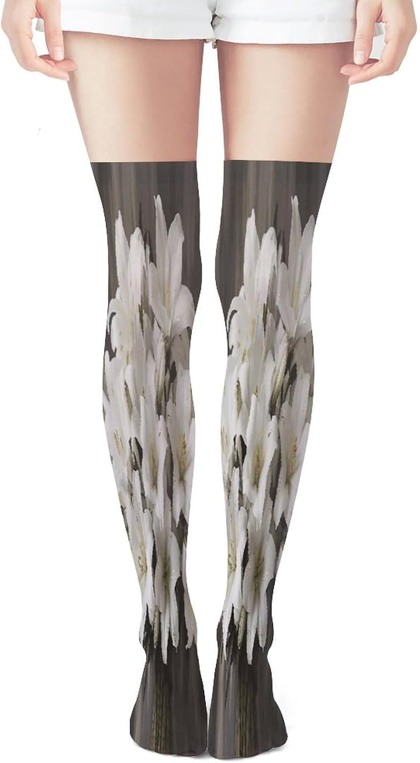 White Lily Bouquet Women High Waist Fishnet Stockings Stretch Mesh Pantyhose Sexy Trendy Legwear for Daily Wear