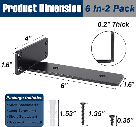 6 Inch Floating Shelf Bracket, Hidden Heavy Duty Hardware Shelf Bracket for Supporting Wooden Shelves with Black Powder Coating, 2 Pack