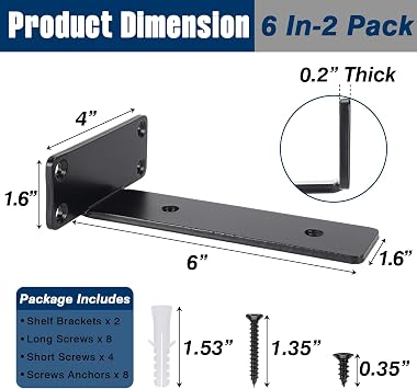 6 Inch Floating Shelf Bracket, Hidden Heavy Duty Hardware Shelf Bracket for Supporting Wooden Shelves with Black Powder Coating, 2 Pack