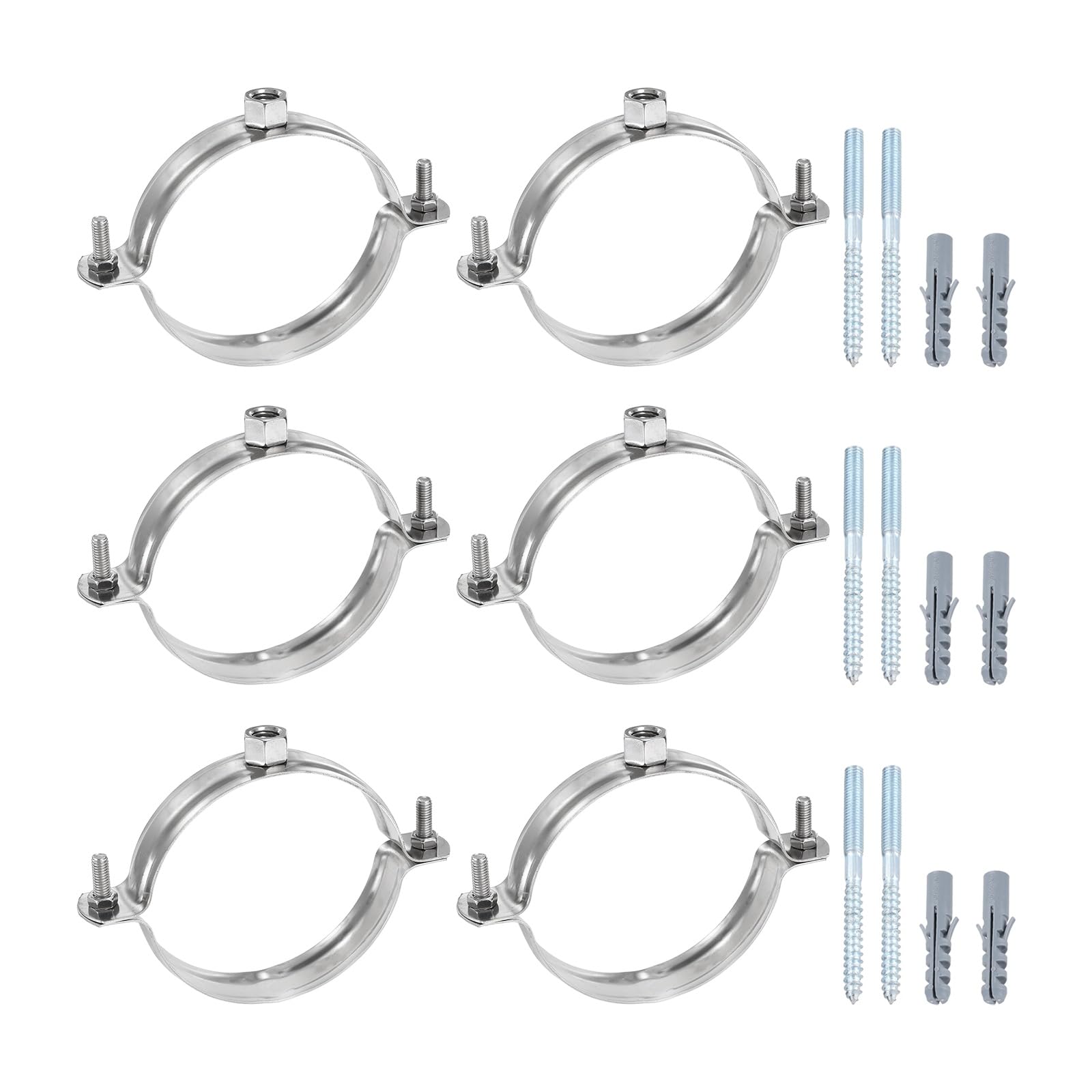 sourcing map 6 Set Adjustable Pipe Bracket Clamps 2-15/16" (75mm) Stainless Steel Wall Ceiling Mount Split Ring Hanger Metal Pipe Supports Clamp with Screws & Expansion Tube for Pipe Tube (M8) โ image 1