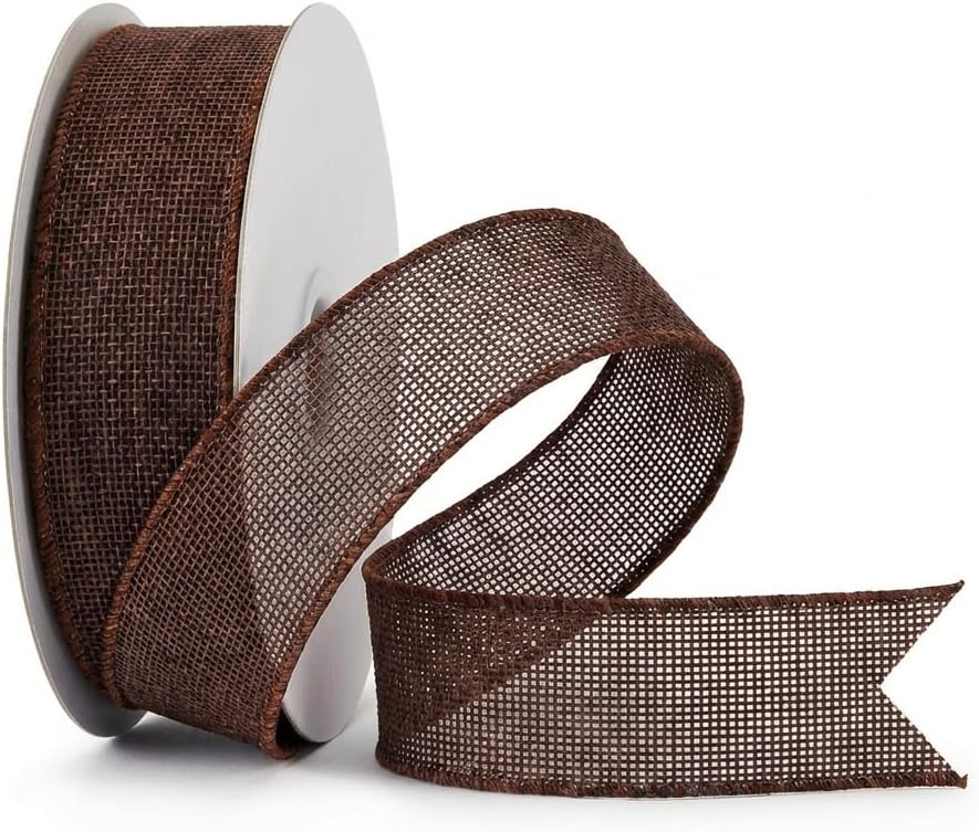 Brown Wired Ribbon, Burlap Ribbon with Wire Edge for Father's Day Big Bows, Wreath, Gift Wrapping, 1-1/2 Inchx20 Yards.