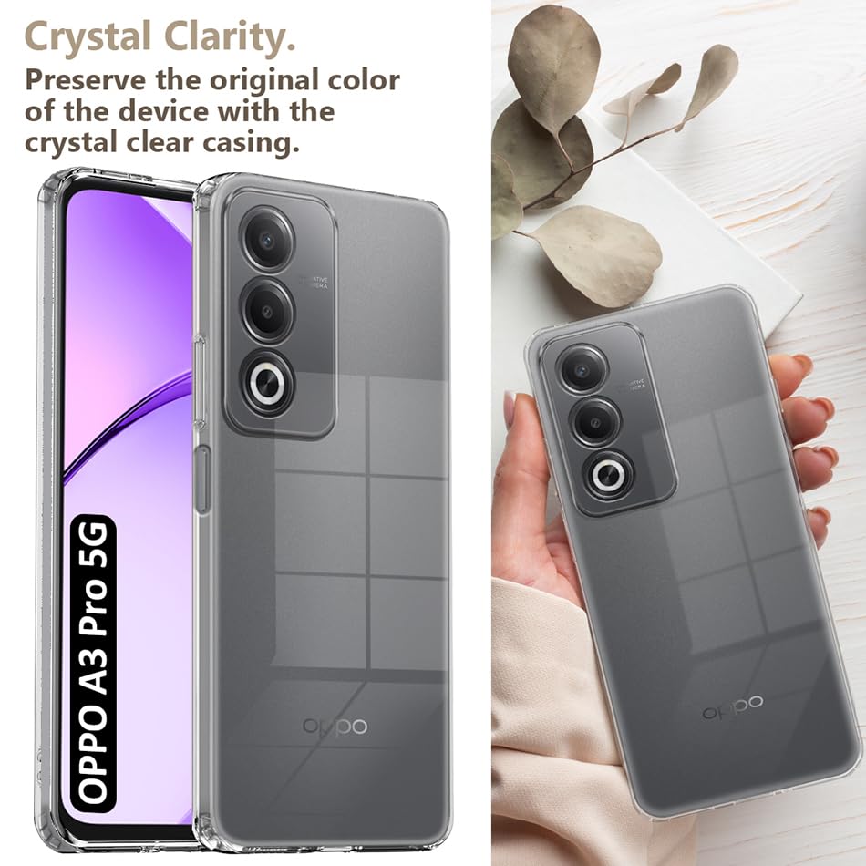 Image of Fashionury Crystal Clear Case for Oppo A3 Pro 5G | Yellowing Resistance | Transparent TPU Silicone | Raised Camera Lips | Slim Transparent Cover