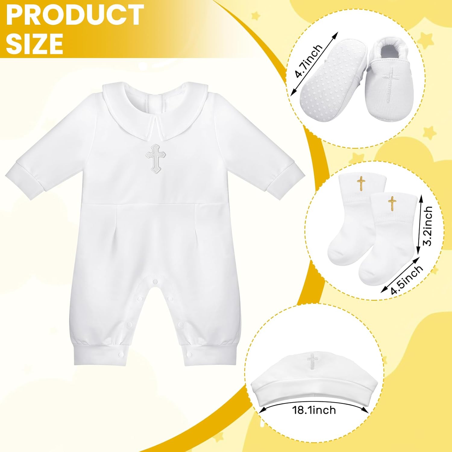 4 Pcs Baby Boy Baptism Outfits with Cross Christening Outfit Jumpsuit Hat Shoes Socks for Newborn Infant Boys - Image 5