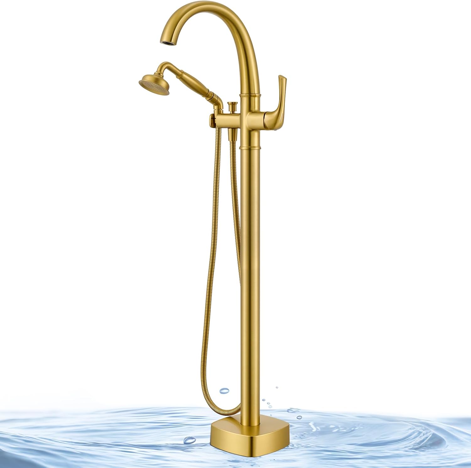 Free Standing Tub Faucet, Jabbol Luxury Freestanding Bathtub Faucet with Sprayer, Brass Bathroom Floor Mount Tub Filler, Brushed Gold (JB-8811BG)