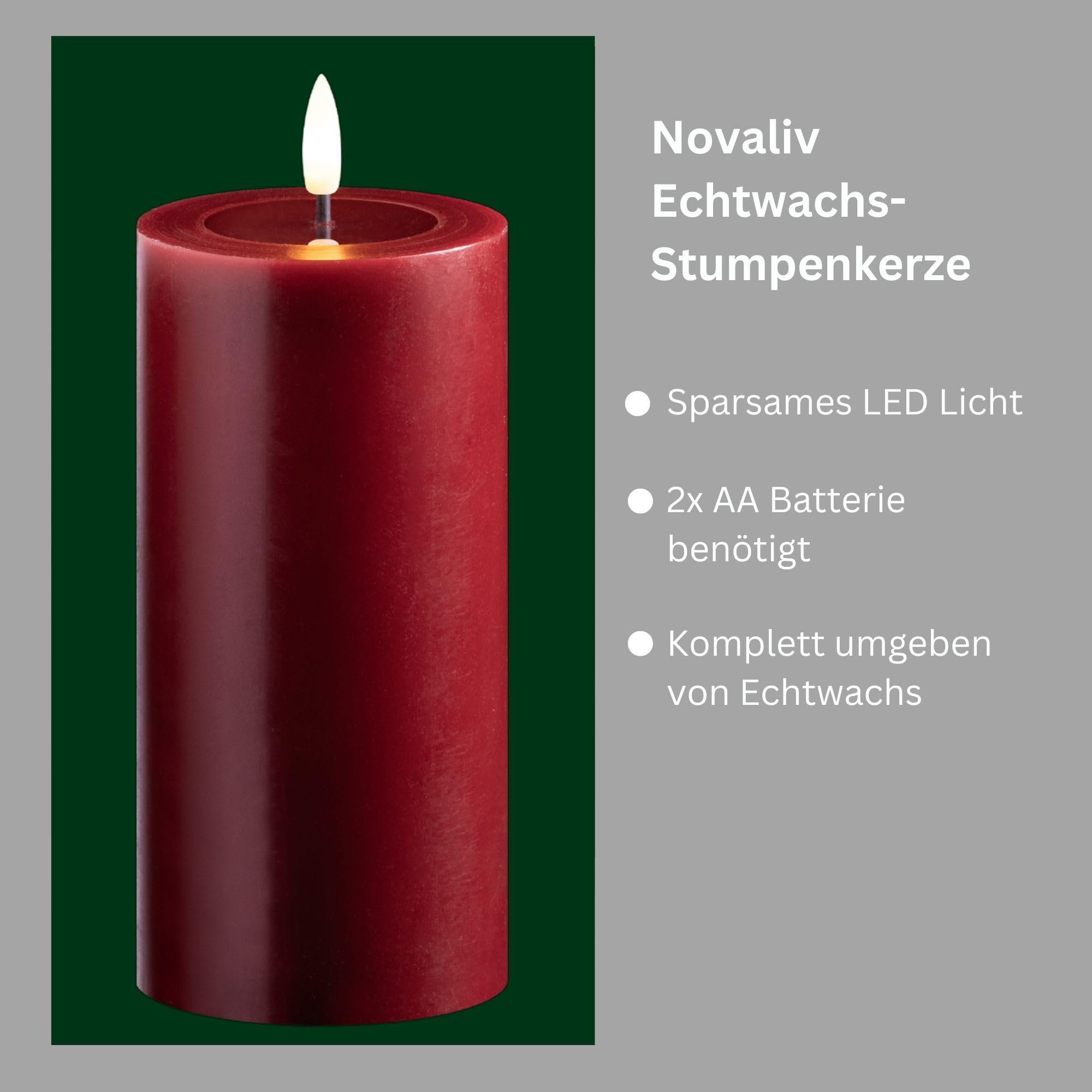 Novaliv 4er Set Led Kerzen flackernde Flamme mit Echtwachspiegel rot 7,5cm ø 2X 15 cm, 2x12,5 cm Höhe, LED Kerzen mit Timerfunktion, 2 AA Batterien nötig, LED Echtwachs Stumpenkerzen rot