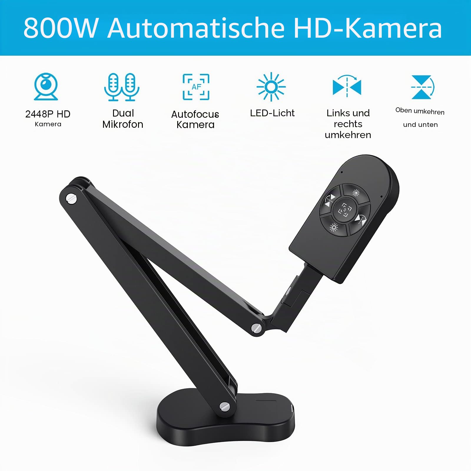 2448P USB Visualisierer, Dokumentenkamera für Unterricht und Klassenzimmer mit LED-Licht, links und rechts invertiert, Up und Down Invert, AF, Dual Mic, Fold für Mac, Windows, Chromebook,