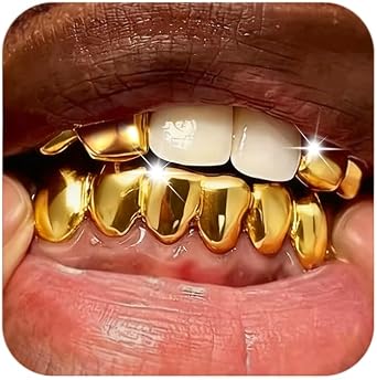 Longita 1 Set Gold Teeth Grillz for Women Grills for Your Teeth Men Gold Tooth Cap Grillz for Women Golden Tooth Jewelry Mouth Grills Men Hip Hop Rapper Outfits Custom Accessory Halloween Party