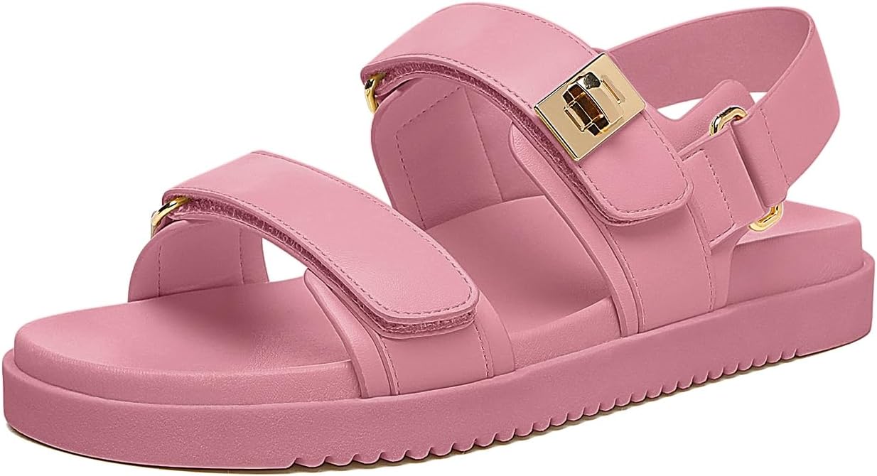 Women's Flat Sandals Comfort Adjustable Double Strap Slip on Leather Footbed Sandals