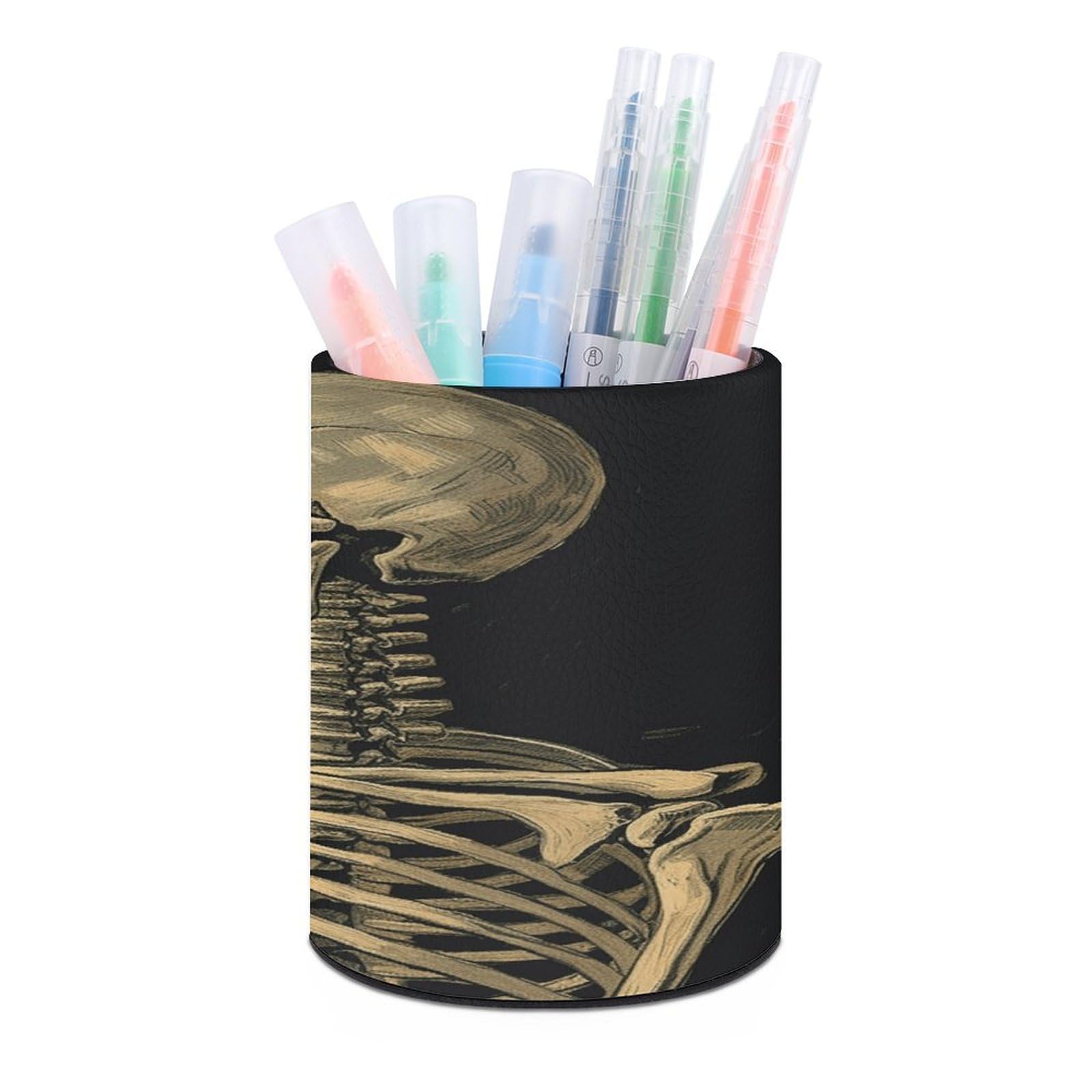 FekiLoot A Skeleton with Burning Cigarette Pen Holder Cup Fashion PU Leather Pencil Cup Minimalist Pen Organizer Round Pencil Holder Stand Work Locker Accessories for Decoration Desk Office Home