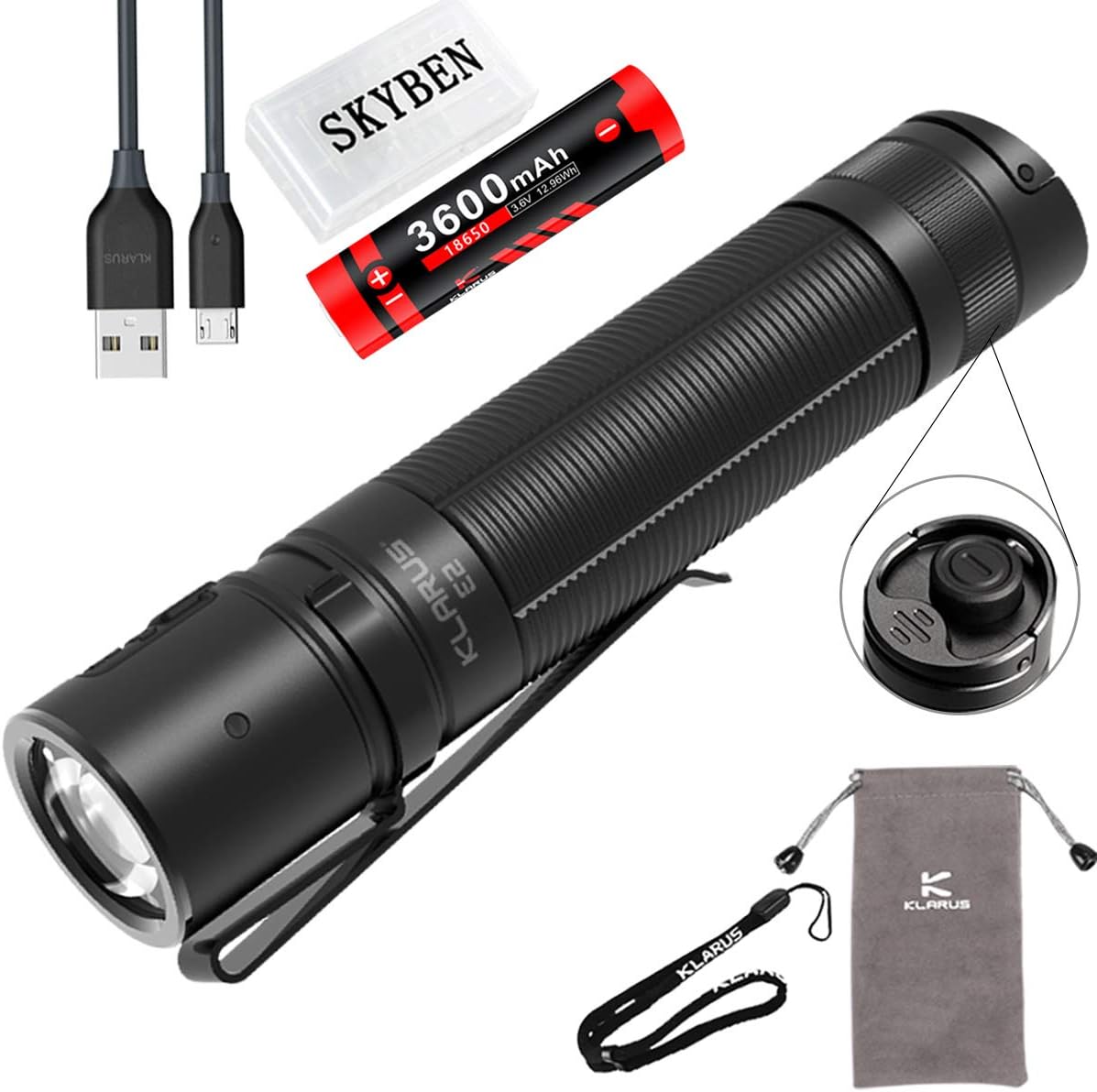Flаѕh Dеаlѕ - 70% оƒƒ Klarus E2 Flashlight 1600 Lumens LED USB Rechargeable Tactical Pocket Flashlights with Tail Dual Switch, 6 Bright Modes for Camping Daily Use, with 18650 Battery and SKYBEN Battery Case