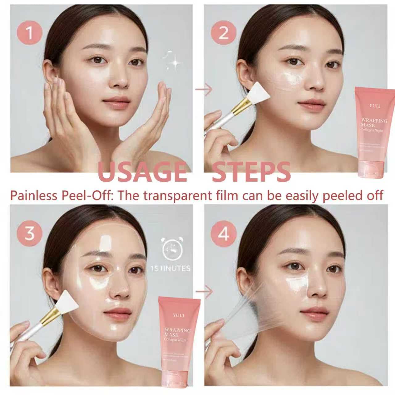 YULI collagen night wrapping mask, Overnight collagen face mask Easy Peel Off Facial Mask Skin Care night mask 2.54 fl.oz (2pcs)