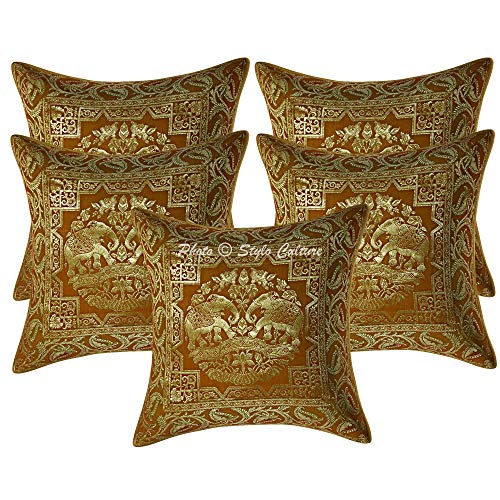 Image of Decorative Brocade Cushion Covers 16x16 inch Banarasi Jacquard Mustard Yellow & Gold Home Decor Elephant Traditional Square 40x40 cm Zippered Sofa Settee Pillowcases -Set of 5 Pcs