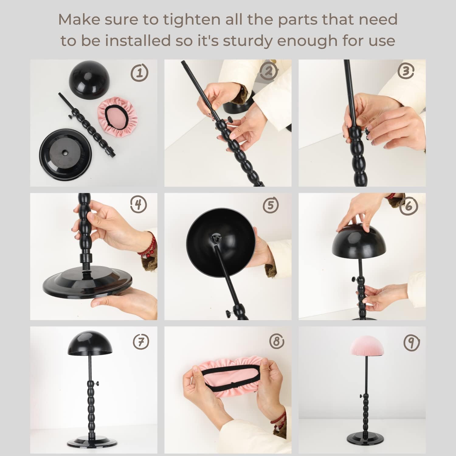Wig Stand - Plastic Wig Stand 2 Packs Portable Foldable Wig Hat with Velvet Cover Holder Height Adjustable (12-18.8 Inches) Easy to Install Support Wig Display Stand (Black)