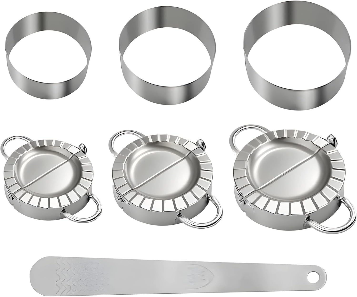 7 Pcs Dumpling Making Set, Stainless Steel Press, 3 Size Molds, Dough Cutters, Filling Spoon, Empanada & Ravioli Maker for Kitchen