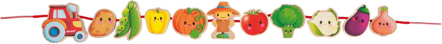 Janod - J03313 - Thread Beads - Vegetable Garden Theme - Early Learning Toy - 11 Wooden Beads for Children + 2 Ropes - Develops Dexterity - FSC Wooden Toy - From 24 Months