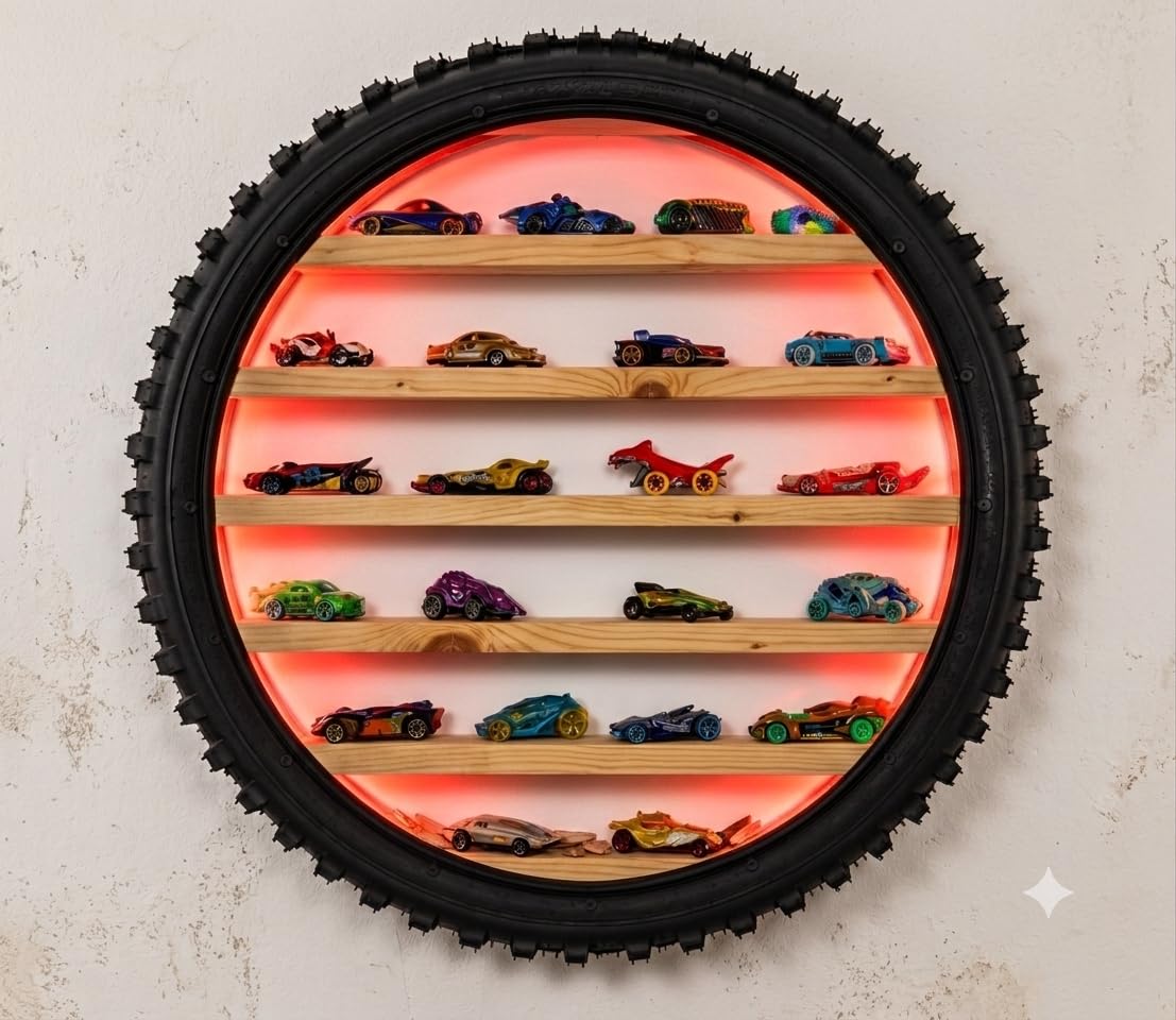 Wooden wall mounted tyre display shelf with LED Light for kids room |Wooden circular tire Rack| die Cast Cars Toy Hot wheel Cars Stand. Organizer Storage Hand-made Tyre Shape Floting Shelf-image-3