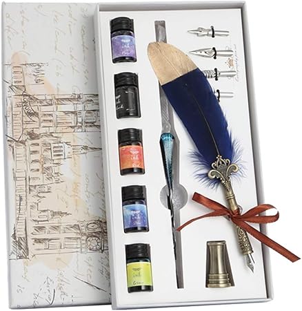 Amazon Hbhjin ディップペン ガラスペン 羽根ペン セット フェザーディップペン レトロ 万年筆 書道 署名ペン ヴィンテージ 漫画用 ペン インク ペン先 描画 画材 キットツール 誕生日 ギフト プレゼント 贈り物 ギフトボックス付き ネイビー 万年筆 文房具