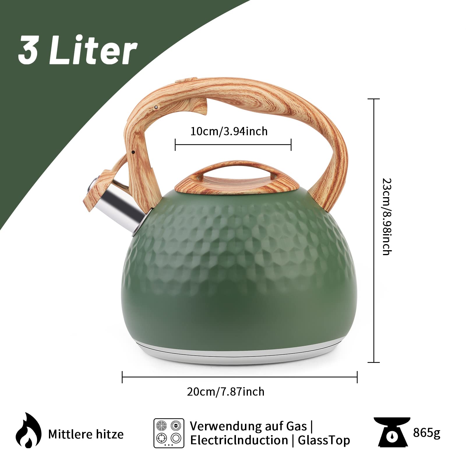 ERWEY Bollitore Moderno da 3 L, a Induzione, in Acciaio Inox per Tutti i Piani Cottura, Con Manico di Colore Legno, per Tè e Caffè, Verde