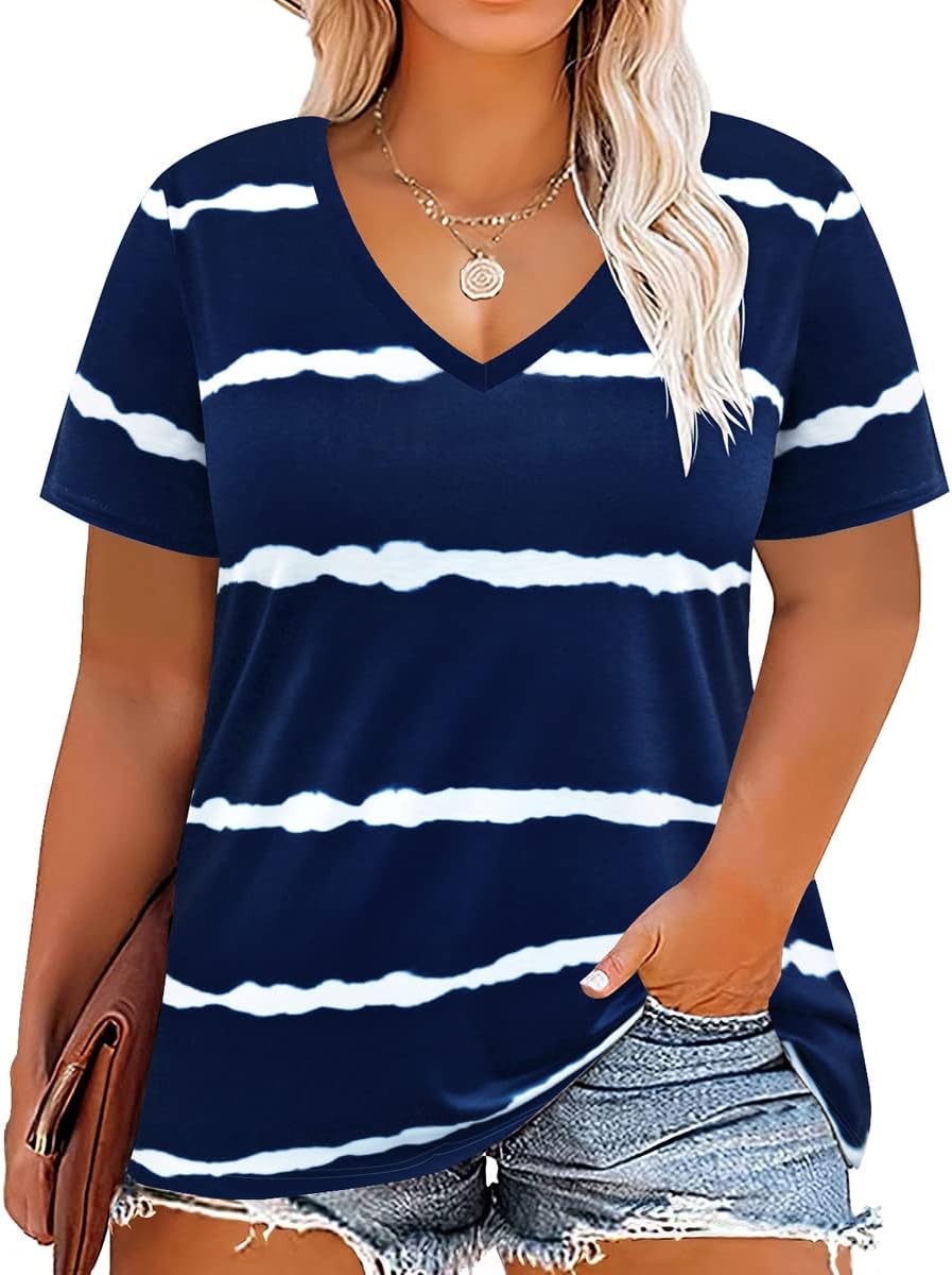 CARCOSWomens Plus Size Tops Short Sleeve Shirts V Neck Tunic Floral/Aniaml Blouses XL-5X