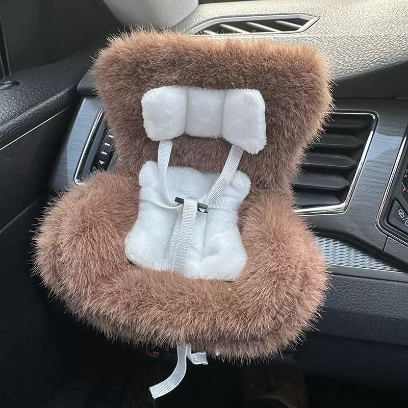 Doll Car Seat for 3–8 inch Figures, Fits Character Plushes, Blind Box Dolls & Vinyl Collectibles, Includes Air Vent Clip & Desktop Stand, Cute Car Ornament for Collectors (Brown)