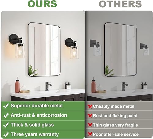 Miniatura 3 de Juego de 2 apliques de pared para baño, luces de tocador modernas negras con pantalla de vidrio transparente, lámpara de pared de baño para espejo