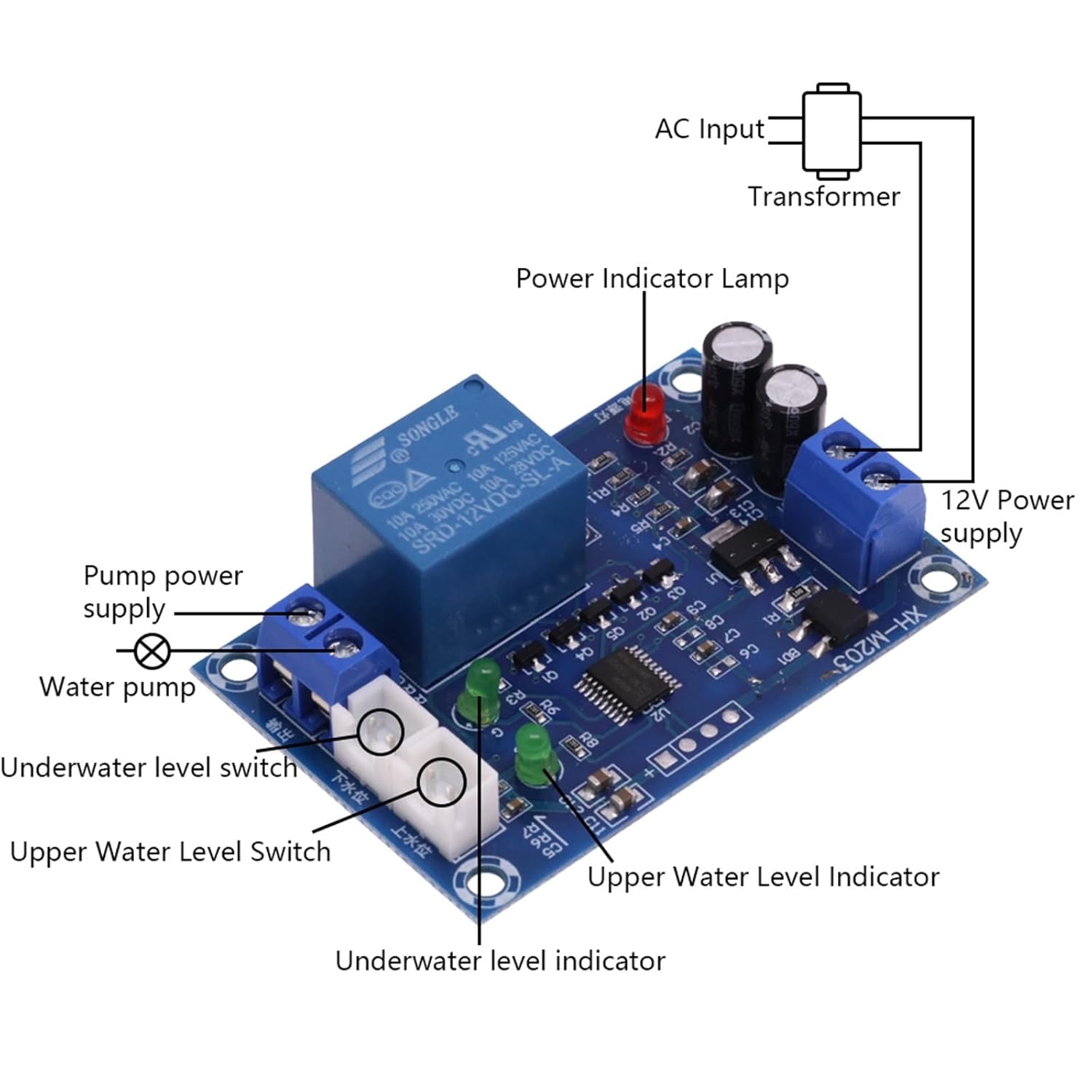 XH-M203 Full Automatic Water Level Controller Pump Switch AC/DC 12V Relay