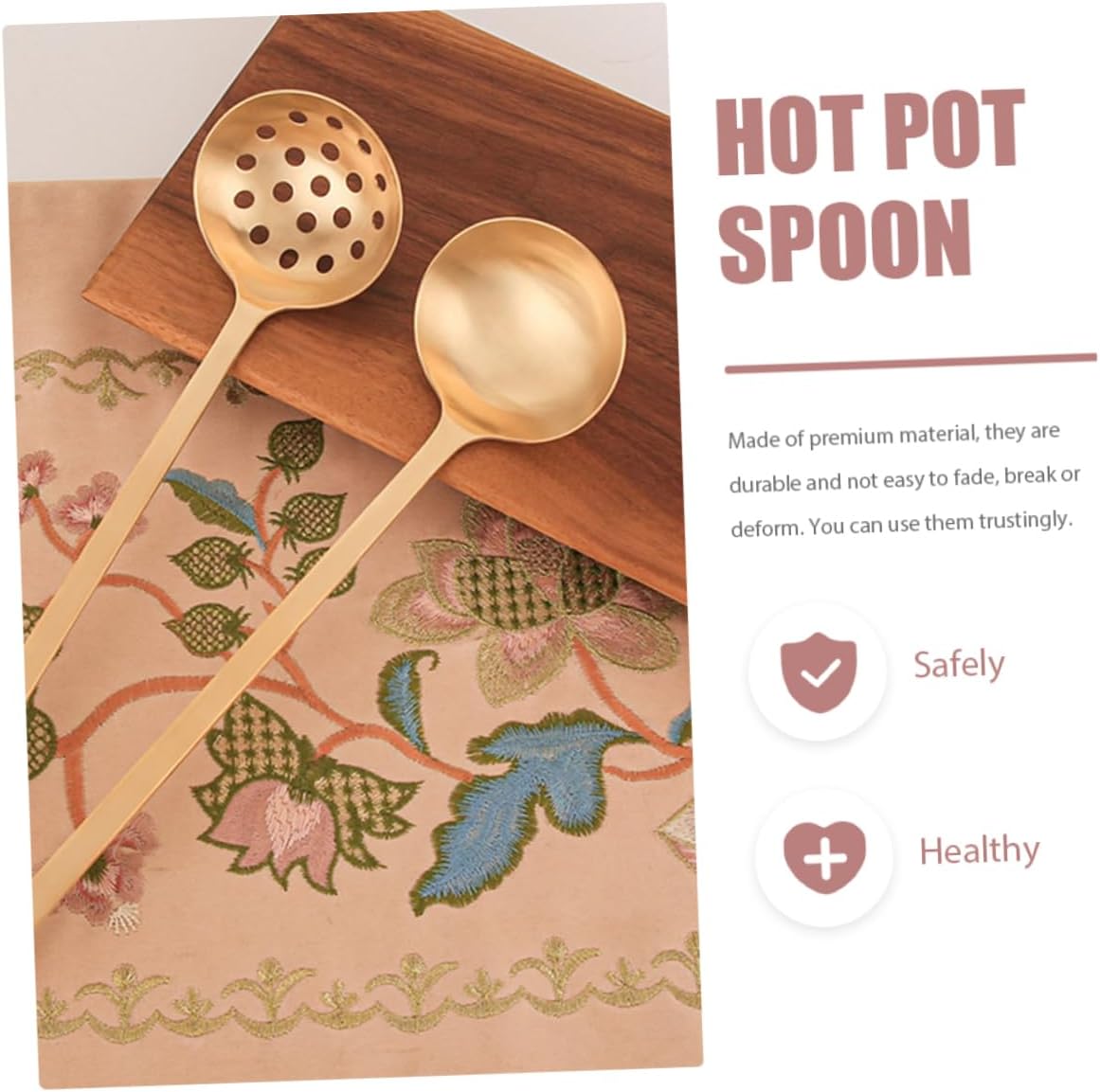 GLEAVI 2Pcs Long Handle Soup Ladles Set Food-Grade Brass Straining Spoon Heat Resistant Kitchen Colander for Hot Pot and Cooking