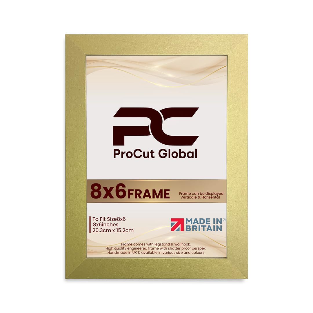 Procut Global 8X6 Gold Picture Frames - Modern Wooden Photo Frame with Shatterproof Perspex for Wall or Tabletop - Perfect for Posters, Certificates, Prints - Sizes & Colors Available